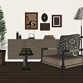 Modern Leisure Chair With Patterned Pillow Framed Art Floor Lamp And Wooden Side Table