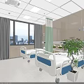 Hospital Building Ward Interior With Beige Walls Green White Curtains Windows And Beds