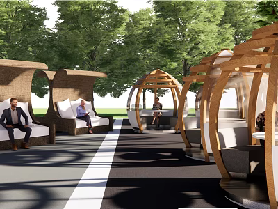 Outdoor Chairs With Woven Design And Wooden Frame In Tree Surrounded Relaxing Area 3d model