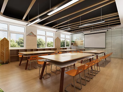 School Learning Space With Long Tables Orange Chairs Wooden Floor Large Windows And Projector 3d model