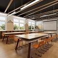 School Learning Space With Long Tables Orange Chairs Wooden Floor Large Windows And Projector