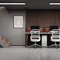 Modern Public Office Space With Wooden Walls Desks Ergonomic Chairs And Brown Sofa