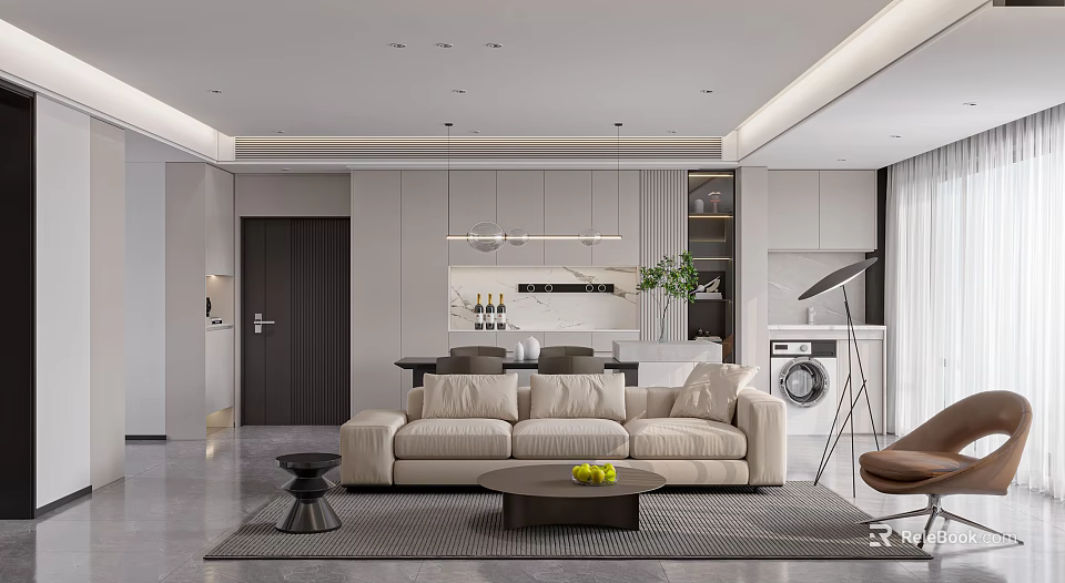 Modern Living Dining Room With Beige Sofa Dining Table Coffee Table And Pendant Lights 3d model