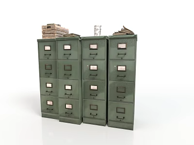Green Metal File Cabinets With Multiple Drawers And Stacked Documents On Top 3d model