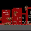 Welcome Home Decorative Setup With Red Structures LOGO And Flower Arrangements 3d model