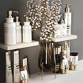 Luxury Perfume Cosmetics Display with White Gold Bottles and Floral Vase on Shelves