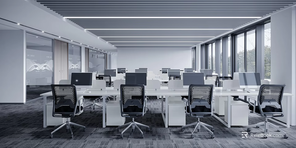 Modern Public Office Space Design With Workstations Office Chairs Computers And Ceiling Lighting 3d model