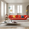 Stylish Modern Living Room With Orange Sofa Coffee Table Yellow Blue Cushions And Beige Armchair