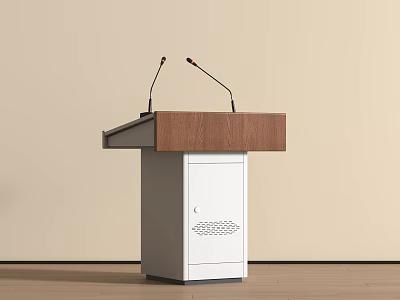 Modern Podium With Brown Wooden Top White Cabinet Two Microphones On Light Beige Wall Background 3d model