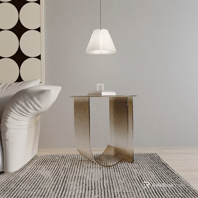 Minimalist Modern Side Table With U Shaped Metallic Base By White Sofa And Table Lamp On Rug 3d model 
