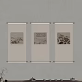 Three Chinese Scroll Landscape Paintings Hanging On Gray Wall With Tea Table Decor 3d model