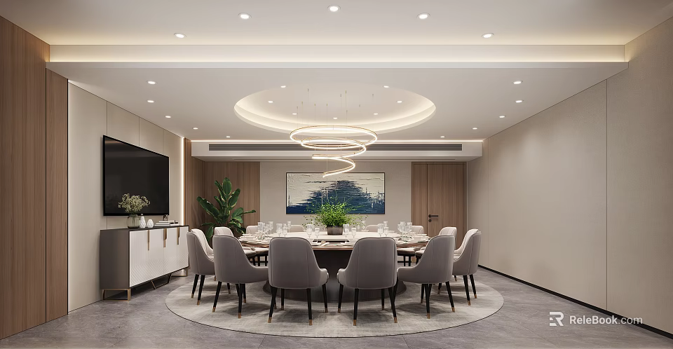 Modern Private Dining Room With Round Table And Chandeliers 3d model