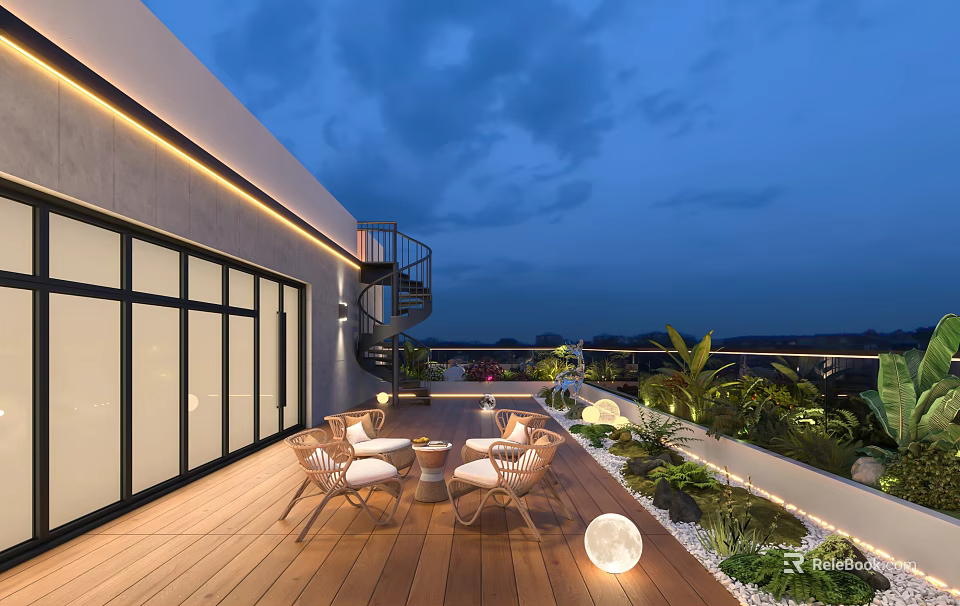 Courtyard Garden Design With Wooden Deck Rattan Furniture Spherical Lights And Green Plants 3d model 