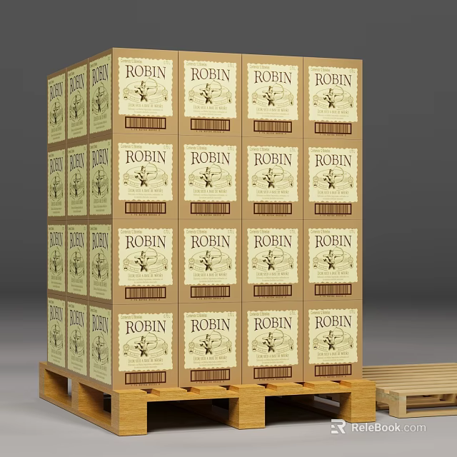 Stacked Cardboard Cartons With ROBIN Label Neatly Arranged On Wooden Pallet 3d model 