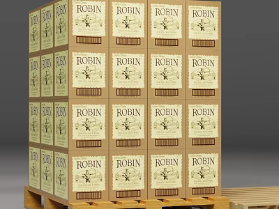 Stacked Cardboard Cartons With ROBIN Label Neatly Arranged On Wooden Pallet 3d model