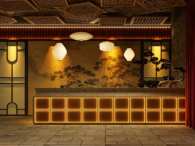 Traditional Teahouse Interior With Lattice Ceiling Hanging Lanterns Landscape Painting And Lit Reception Counter 3d model