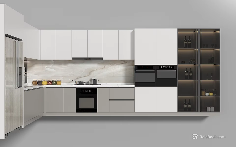 Modern Kitchen With White Gray Cabinets Black Oven Marble Countertop And Wine Rack 3d model 