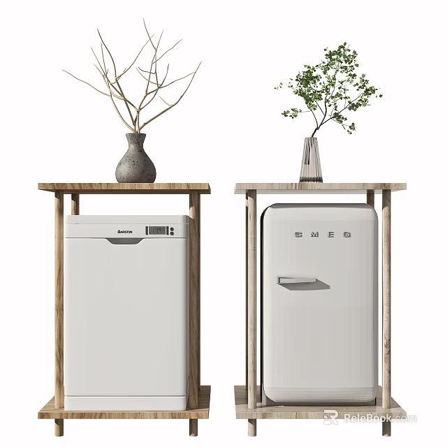Stylish White Refrigerators on Wooden Stands with Vases and Green Plants 3d model 