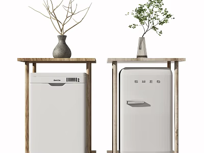 Stylish White Refrigerators on Wooden Stands with Vases and Green Plants 3d model