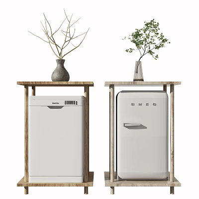 Stylish White Refrigerators on Wooden Stands with Vases and Green Plants 3d model