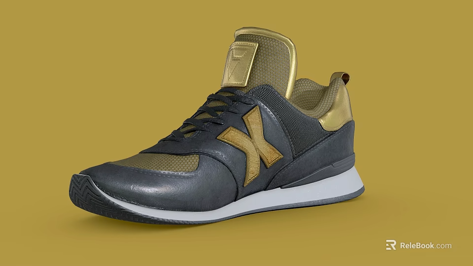 Black and Gold Sneakers with X Logo Leather Mesh Black Laces Gold Tongue White Sole 3d model 