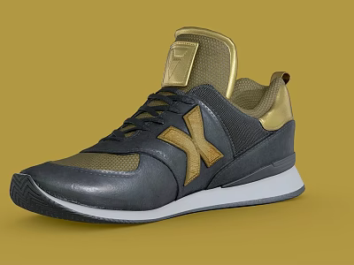 Black and Gold Sneakers with X Logo Leather Mesh Black Laces Gold Tongue White Sole 3d model