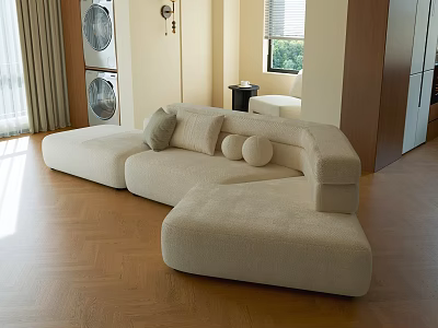 Modern Beige Three-Seater Sofa With Soft Cushions In Bright Living Room Wooden Floor 3d model