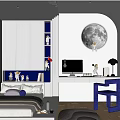 Tatami Bedroom Interior Design With White Blue Decor Moon Wall Art And Blue Chair