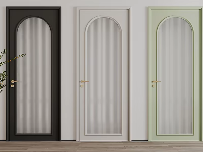 Hinged Doors in Black White Light Green with Arched Top Ribbed Glass and Golden Handles 3d model