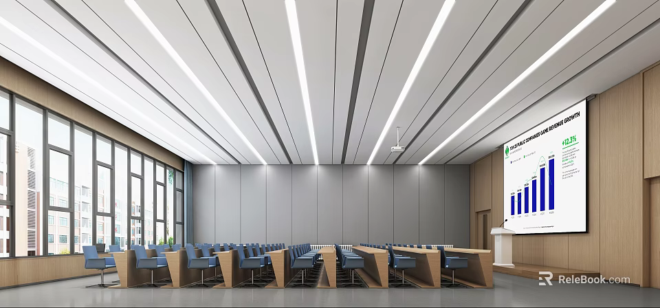 Modern Conference Room Interior With Long Tables Blue Chairs Linear Lighting And Projector Screen 3d model 