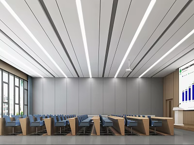 Modern Conference Room Interior With Long Tables Blue Chairs Linear Lighting And Projector Screen 3d model