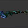 Enchanted Magic Staff With Blue Dragon Head Green Spiral Patterns And Brown Wooden Base