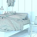 Double Bed With Wooden Headboard Gray Camouflage Quilt Striped Pillows And Blue Side Table