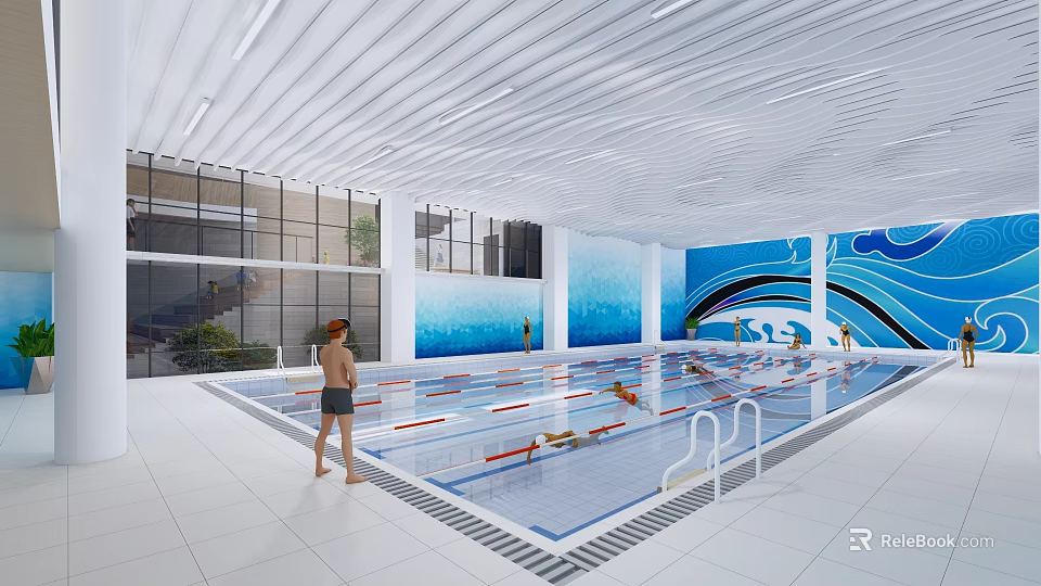 Indoor Swimming Pool with Modern Interior Blue Mural White Ceiling Lane Dividers and Swimmers 3d model 
