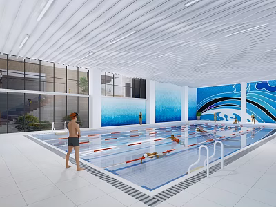 Indoor Swimming Pool with Modern Interior Blue Mural White Ceiling Lane Dividers and Swimmers 3d model