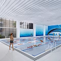 Indoor Swimming Pool with Modern Interior Blue Mural White Ceiling Lane Dividers and Swimmers