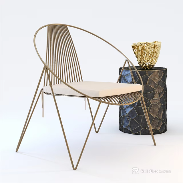 Modern Single Chair With Metal Frame Light Cushion And Decorative Sculpture On Textured Pedestal 3d model 