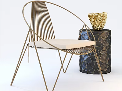 Modern Single Chair With Metal Frame Light Cushion And Decorative Sculpture On Textured Pedestal 3d model
