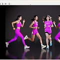 Four Women Running in Pink Sportswear Against Dark Background With Reflective Floor