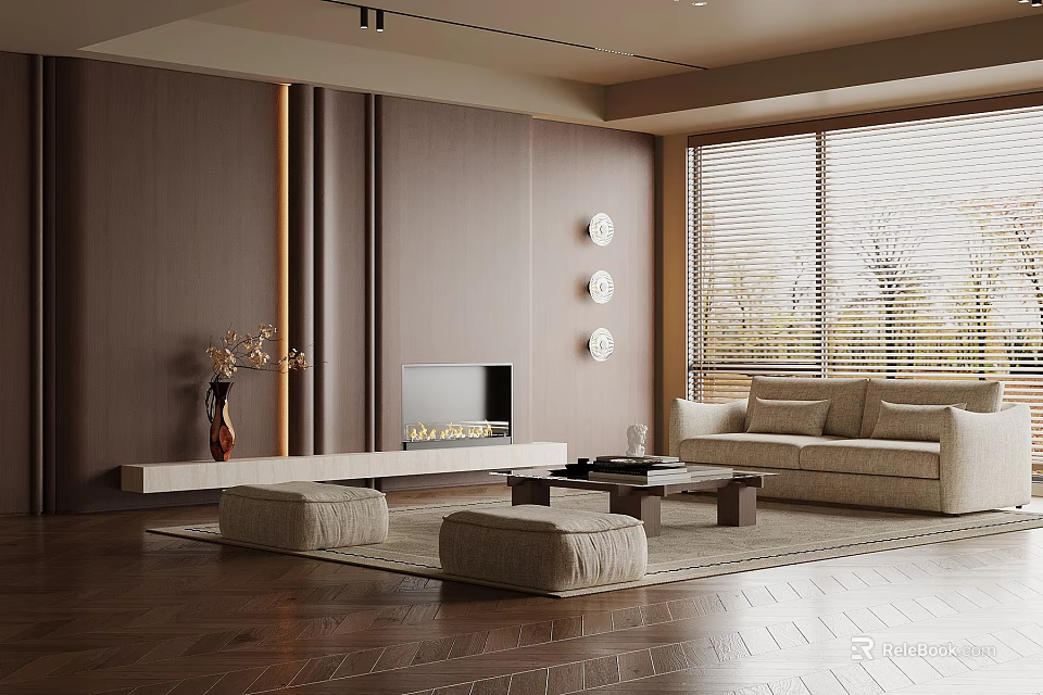 Modern Living Room With Brown Wooden Walls Fireplace Beige Sofa Coffee Table And Circular Decor 3d model 