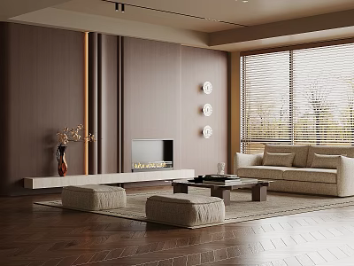Modern Living Room With Brown Wooden Walls Fireplace Beige Sofa Coffee Table And Circular Decor 3d model
