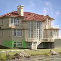 Beautiful Detached Villa With Red Roof Chimney Large Windows Balcony Staircase And Garden Pond