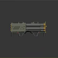 Green Multi Barrel Weapon With Yellow Warning Stripes And Launcher Structure 3d model