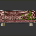 Red Striped Sofa With Green Plants And Wooden Legs