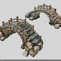 Two Stone Landscape Bridges with Arch Structure Wooden Railings and Steps on Stone Piers
