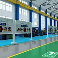 Spacious Factory Interior With High Ceiling Windows Blue Green Floors Yellow Accents And Machinery