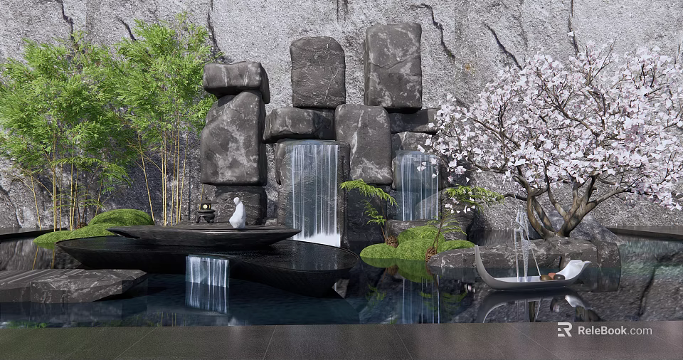 Serene Garden Ornament With Stone Wall Waterfalls Green Trees White Flowering Tree And Black Basin 3d model 
