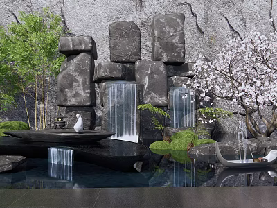 Serene Garden Ornament With Stone Wall Waterfalls Green Trees White Flowering Tree And Black Basin 3d model