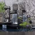 Serene Garden Ornament With Stone Wall Waterfalls Green Trees White Flowering Tree And Black Basin