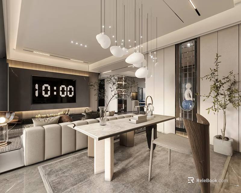 Modern Living Dining Room Interior Design With Sofa Marble Table Pendant Lights And Plants 3d model